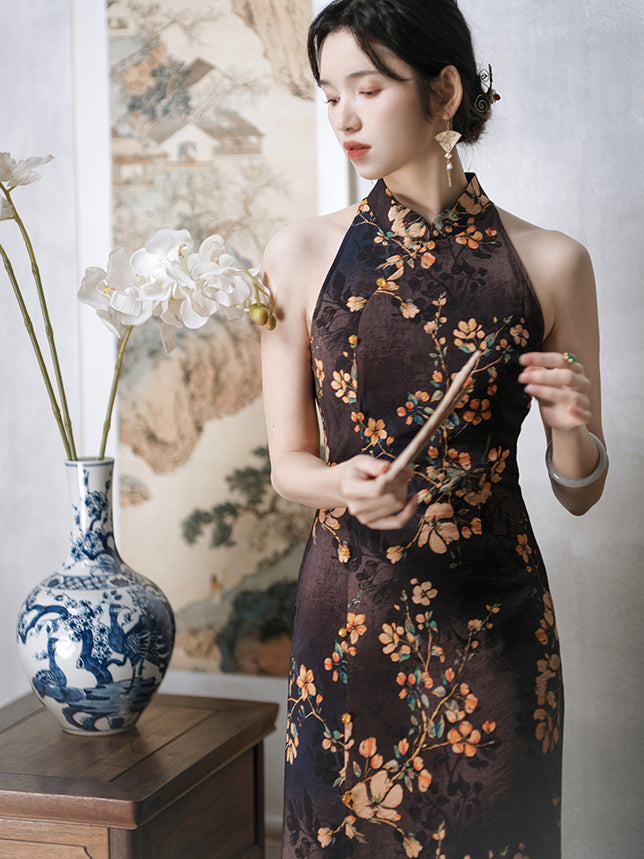 Black persimmon flower painting cheongsam dress