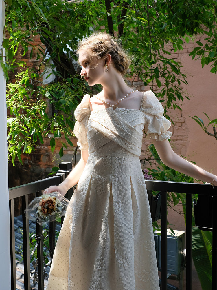White rose flower pattern French dress 
