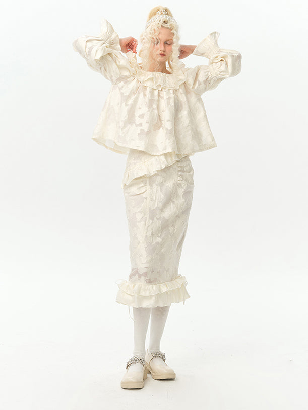 Pure lady's floral print jacquard top and skirt