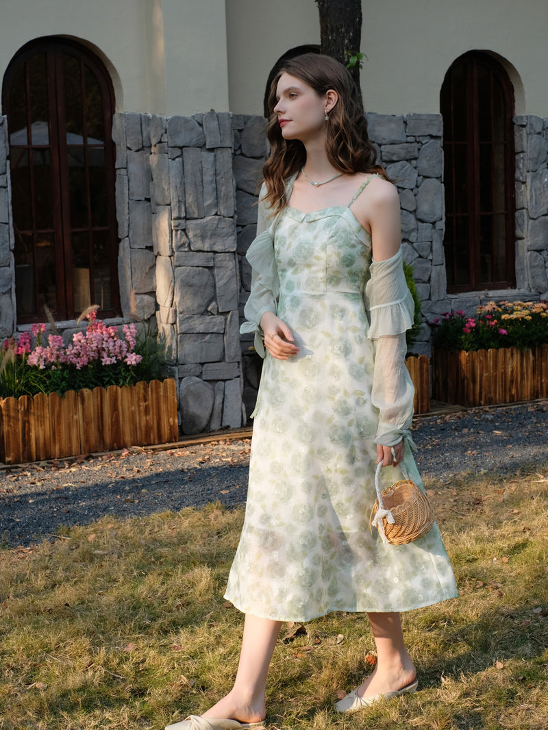 White green forest floral print camisole dress and chiffon cardigan 