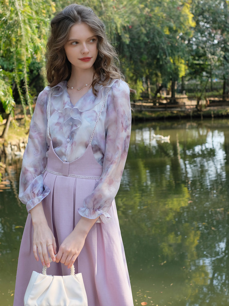 Light purple watercolor blouse and strap skirt 
