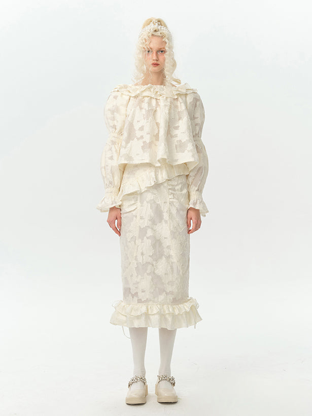 Pure lady's floral print jacquard top and skirt