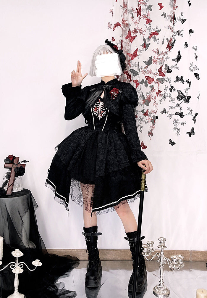 Jet-black rose and rib jacquard jumper skirt and jacquard jacket [scheduled to be shipped in mid-April 2023]
