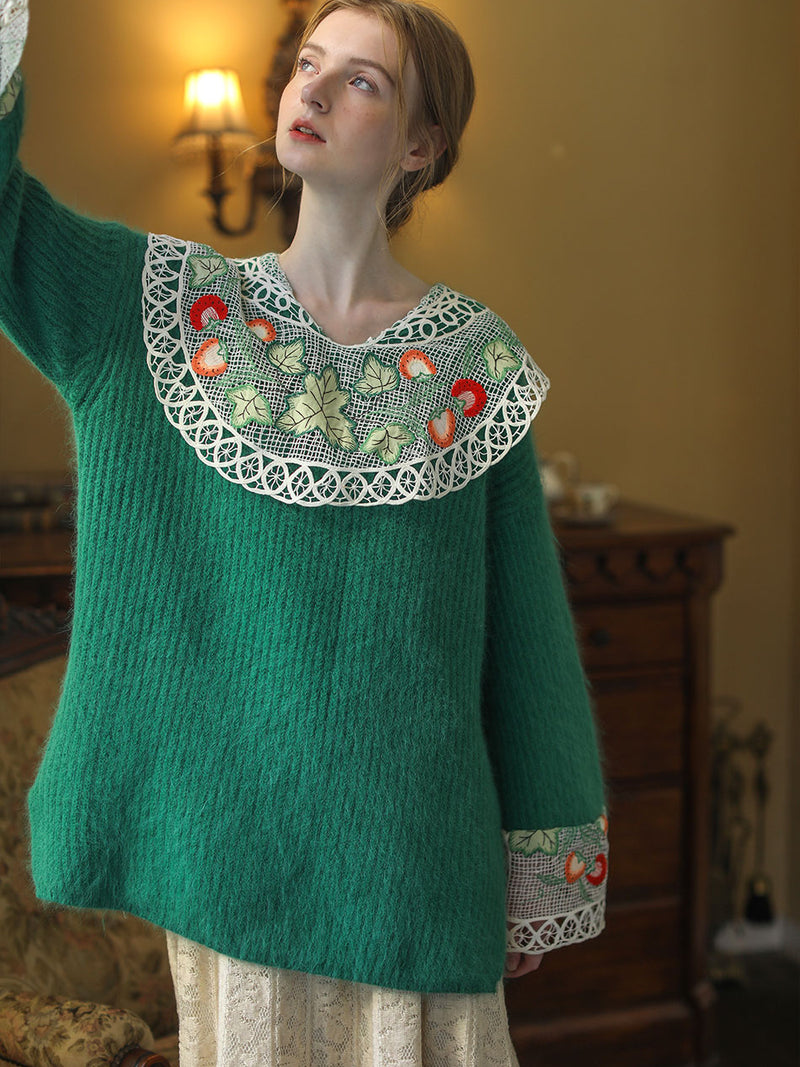 深緑の苺刺繍ニットセーター – ManusMachina