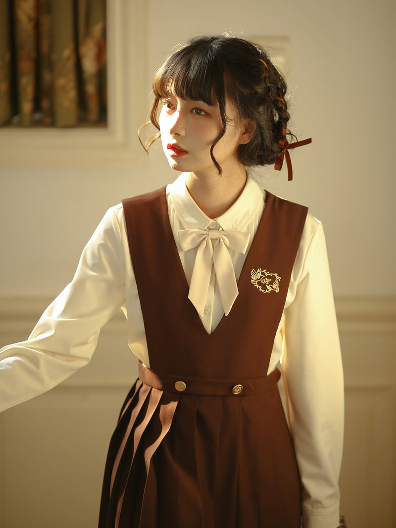 Dark brown literary girl classical jumper skirt and short jacket and blouse