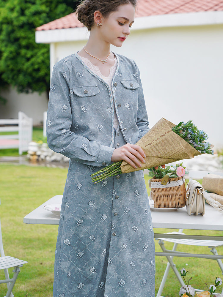 Light blue rose embroidery denim jacket and denim jumper skirt and lace blouse