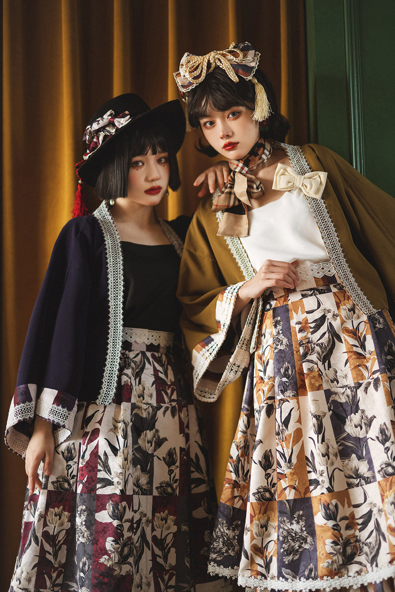 Taisho Romantic Floral Plaid Skirt