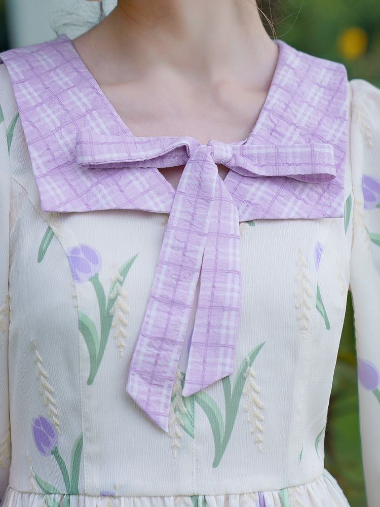 Wisteria purple flower and barley embroidered dress 