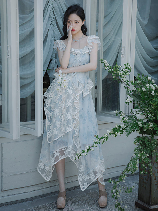 Ink painting flower pattern top and embroidered tulle skirt