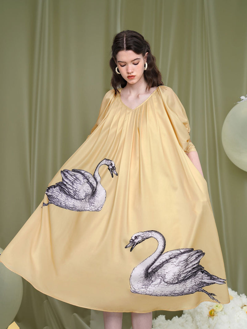 Pale yellow swan pattern dress ManusMachina