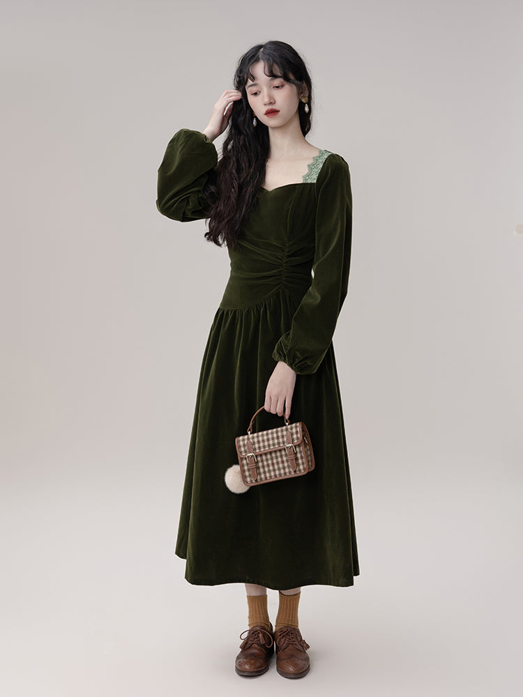 Ink green lady's embroidered velvet dress