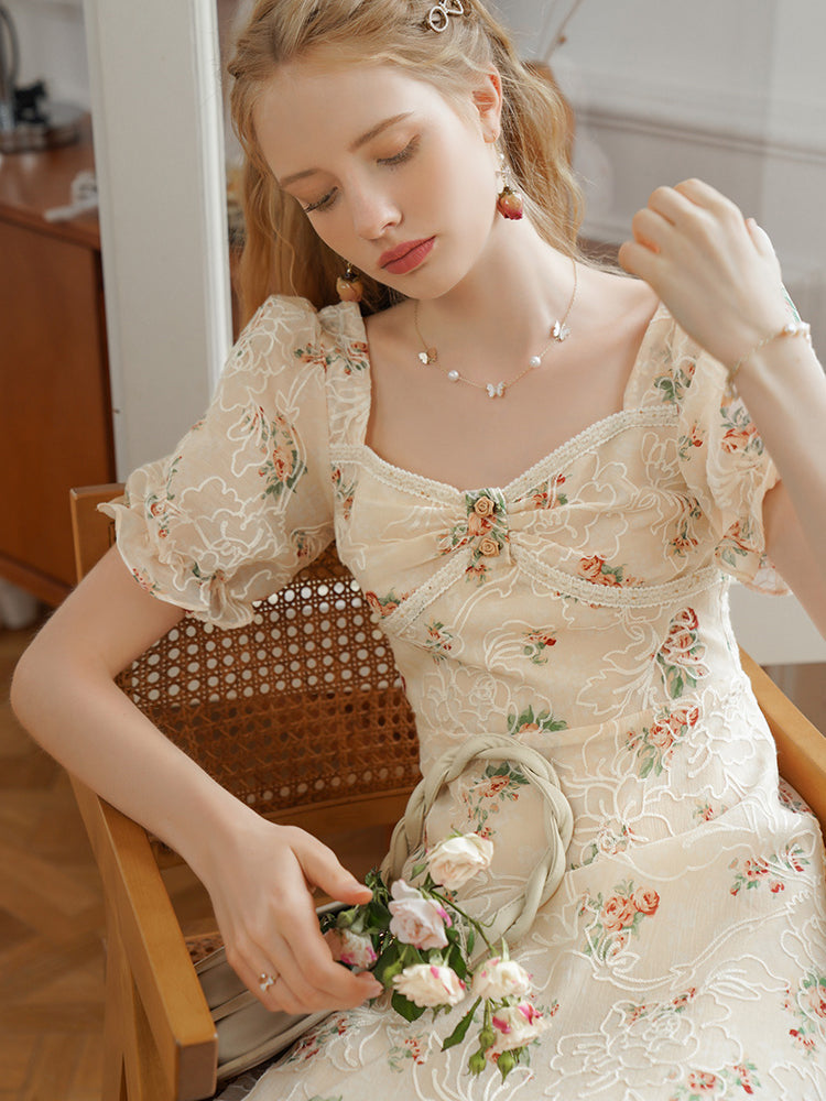 Embroidered red rose French dress 