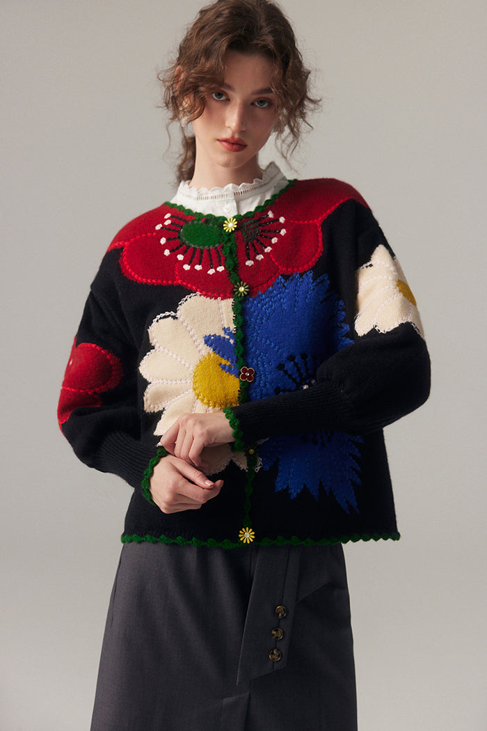 Embroidered knitted cardigan with large flowers
