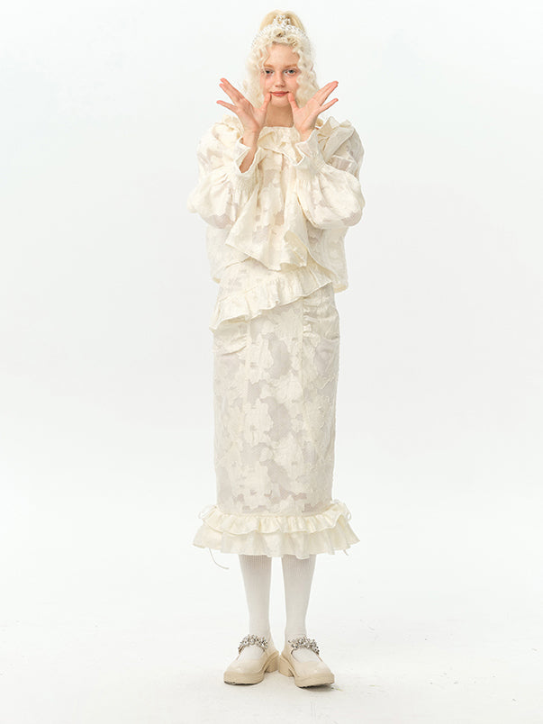 Pure lady's floral print jacquard top and skirt