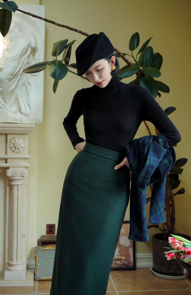 Dark Green Lady Tweed Tube Skirt