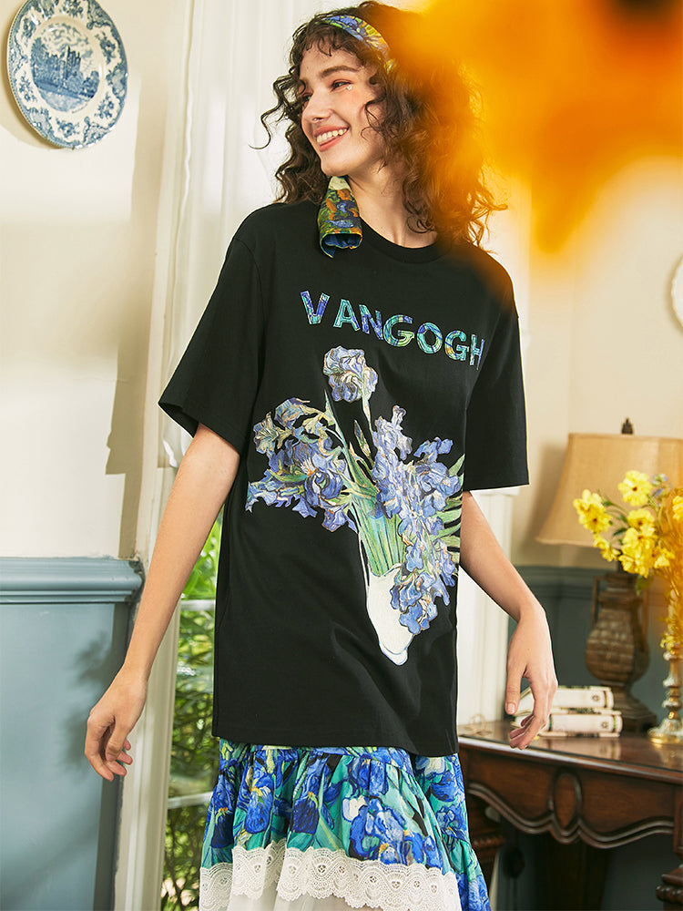 Still life t-shirt with sunflowers and irises in a vase
