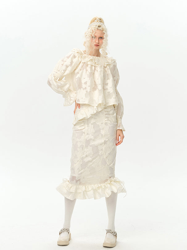 Pure lady's floral print jacquard top and skirt