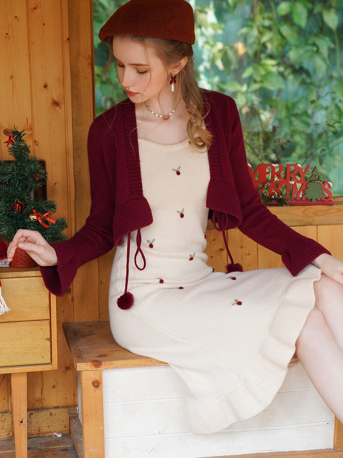Modest maiden flower embroidery camisole knit dress and crimson cardigan 