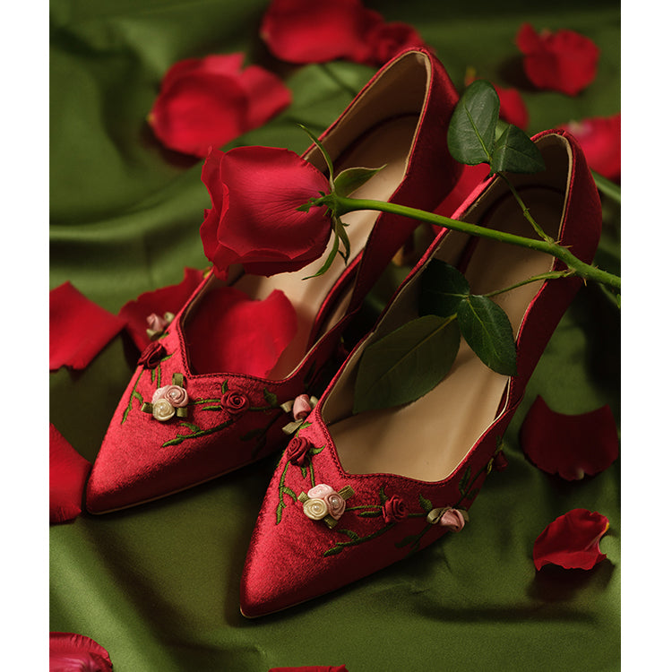 Crimson Rose Embroidered Pointed Toe Heel Pumps