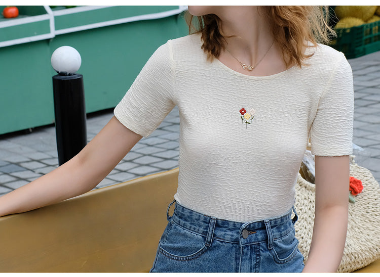 Floral embroidery slim knit 
