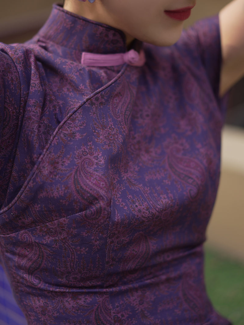 本紫の花紋柄チャイナワンピース