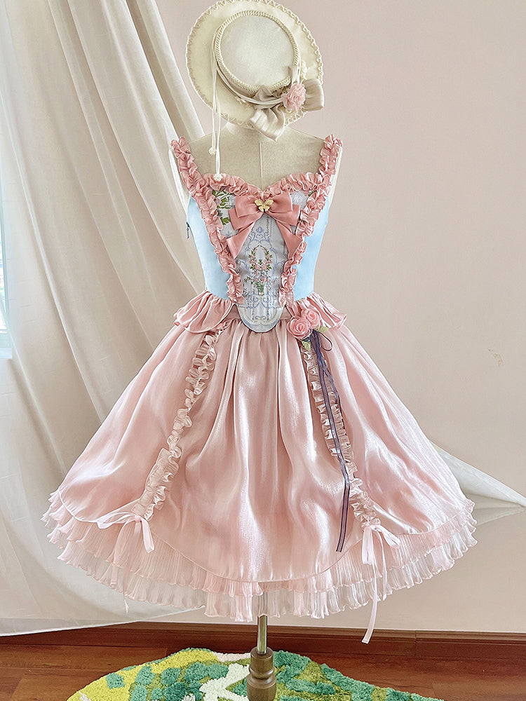 花籠刺繍のコルセットトップスと桜色のフリルスカート[2023年6月下旬発送予定]