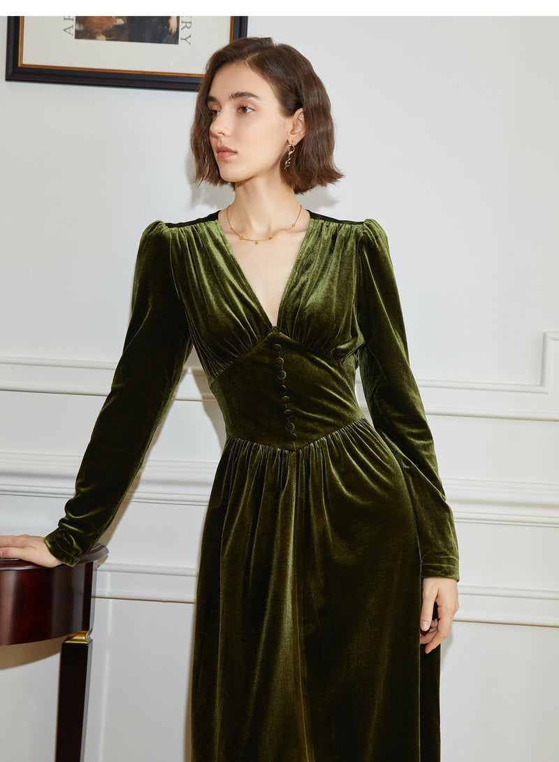 Ink Green Lady's Retro Velvet Dress