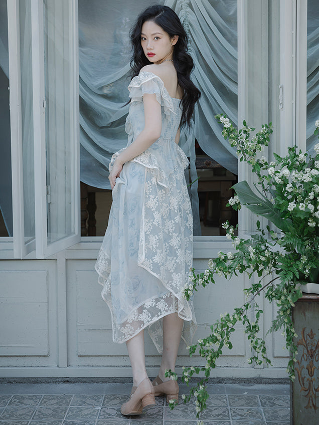 Ink painting flower pattern top and embroidered tulle skirt