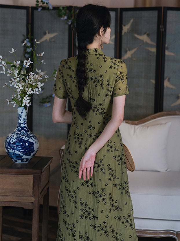 Blue-brown floral pattern retro cheongsam dress