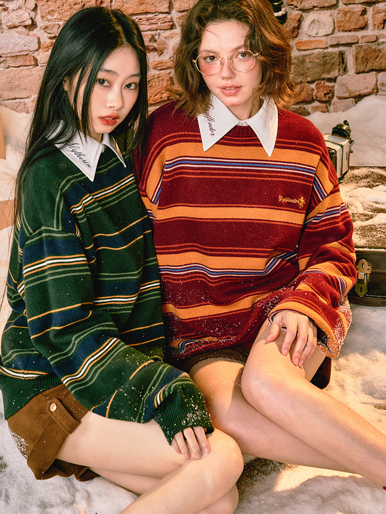 Magic School Embroidery Striped Knit Sweater
