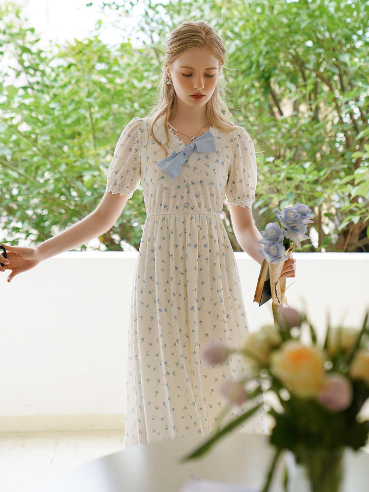 Forget-me-not floral ribbon French dress 