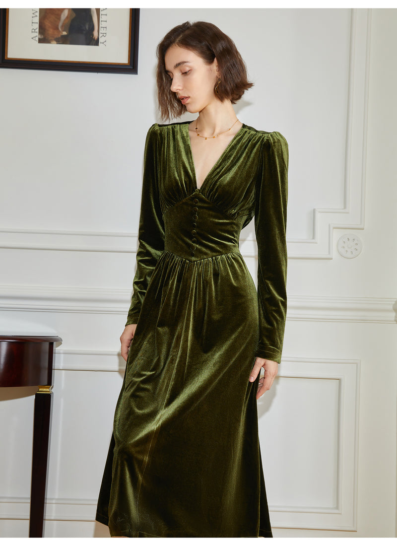 Ink Green Lady's Retro Velvet Dress