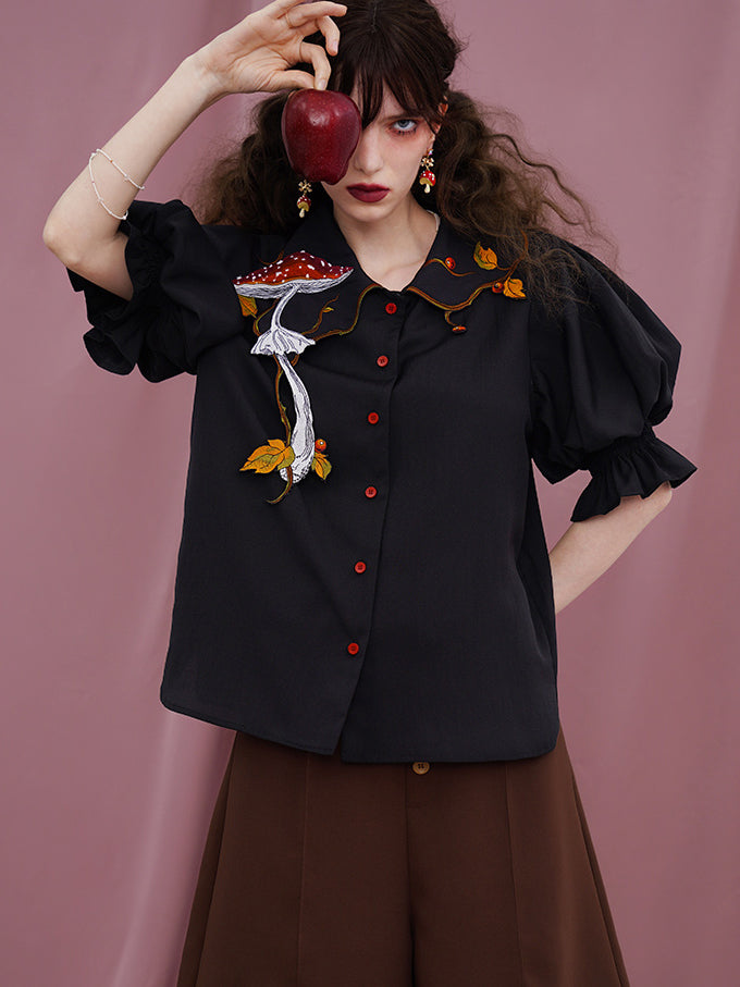 Forest mushroom embroidered blouse