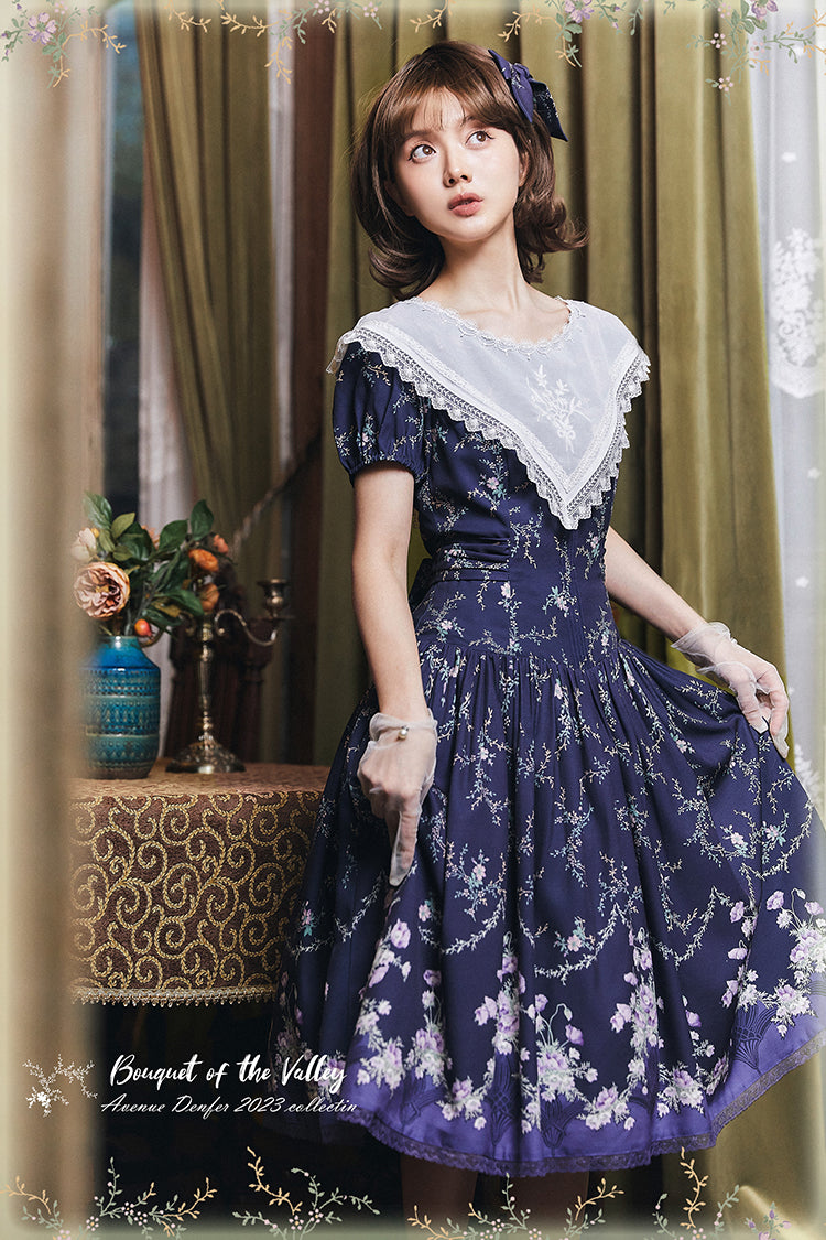 Navy Blue Bouquet Embroidered Classical Dress [Planned to be shipped from late May to early June 2023]