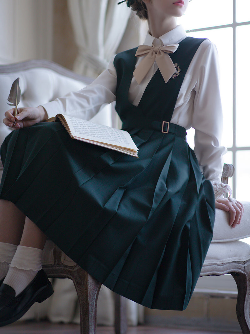 Dark green literary girl classical jumper skirt and short jacket and blouse