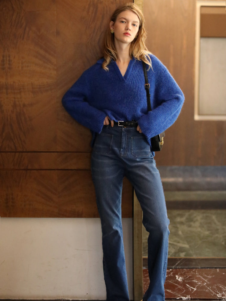 Jewel lapis lazuli casual polo knit