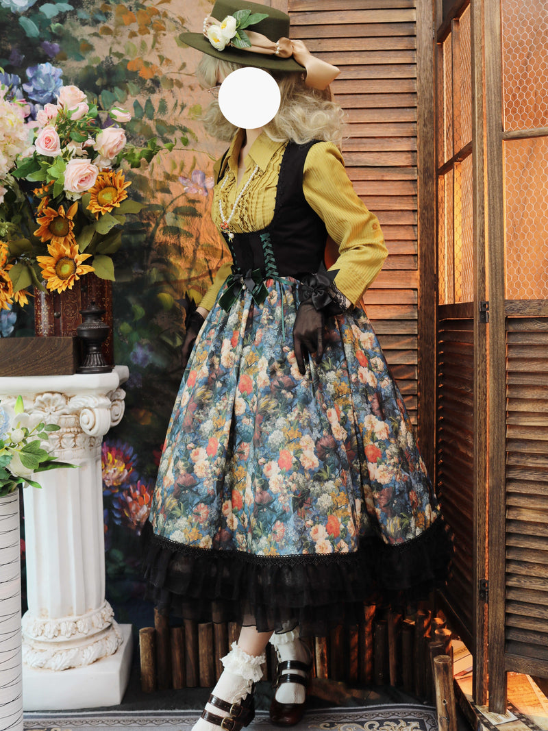 花群集の油彩画レトロジャンパースカート