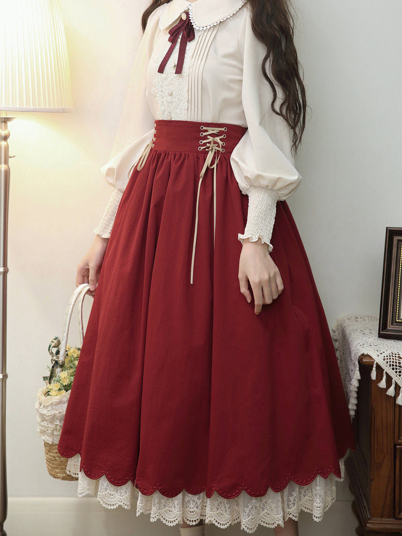 葡萄酒色の刺繍コルセットスカート