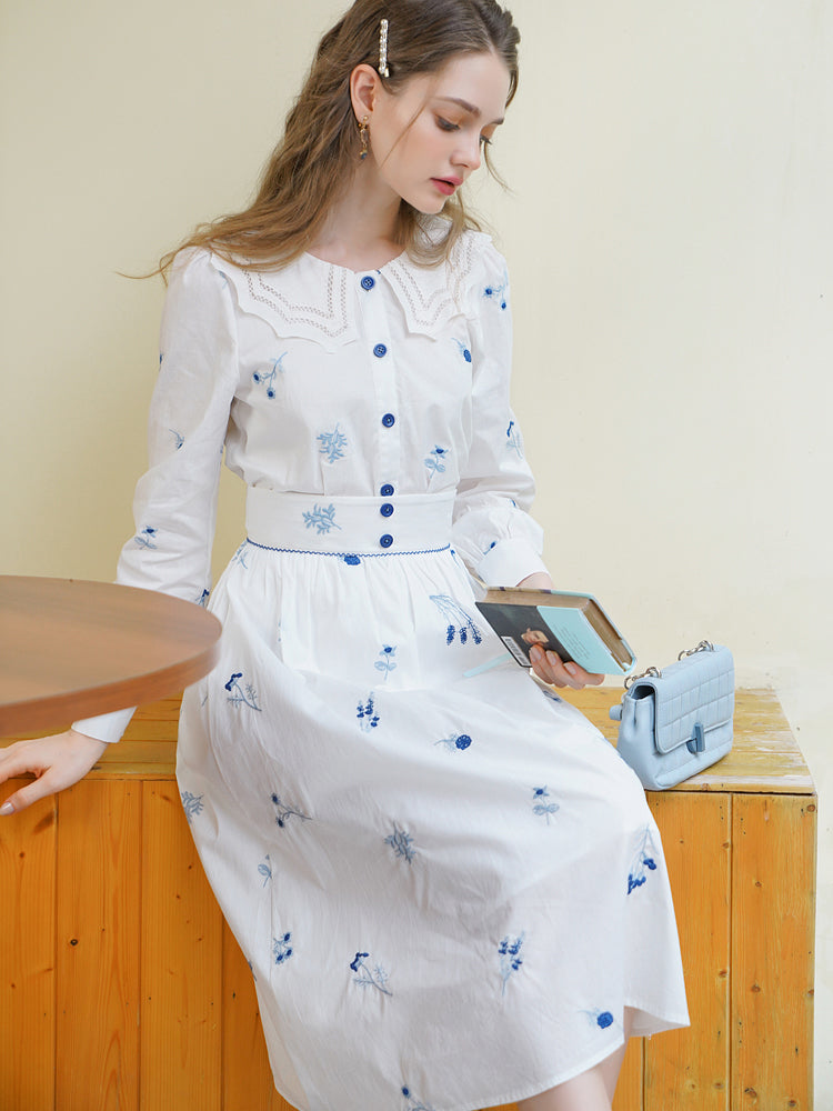 blue indigo flower embroidery blouse and high waist skirt