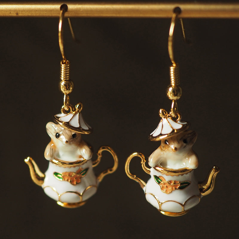 Tea bottle and squirrel earrings and necklace