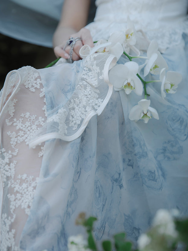 Ink painting flower pattern top and embroidered tulle skirt
