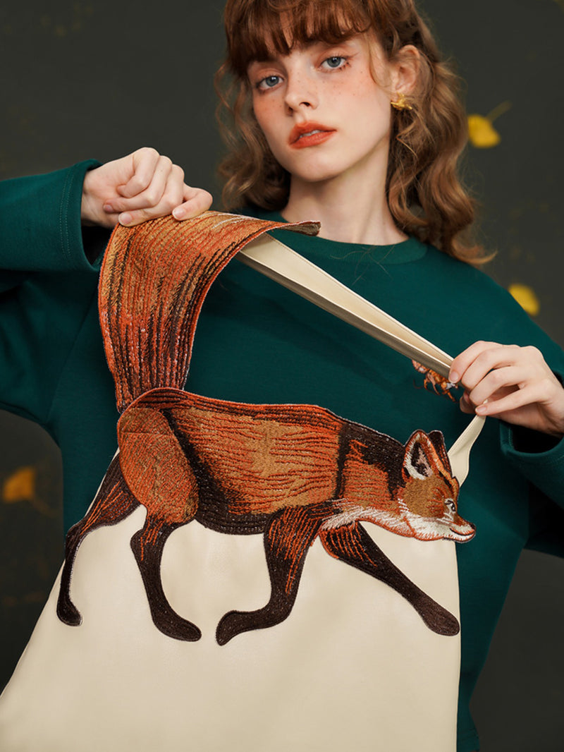 red fox embroidery tote bag