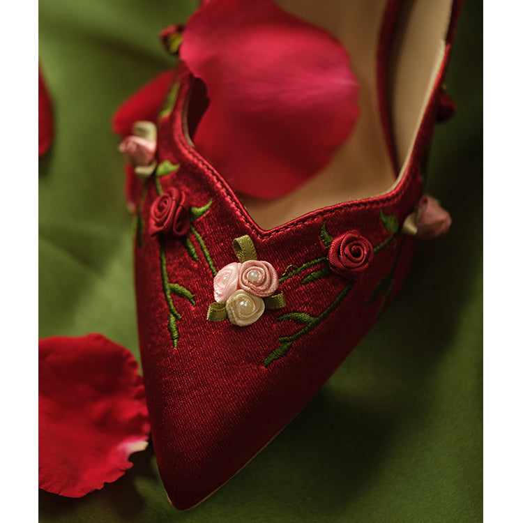 Crimson Rose Embroidered Pointed Toe Heel Pumps