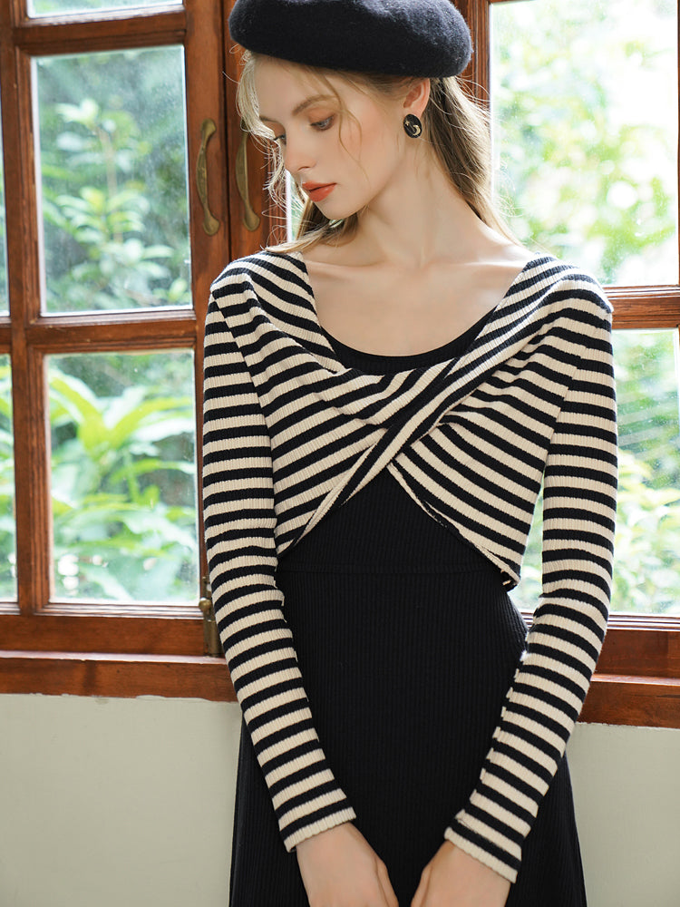 Knitted camisole dress and striped knitted tops for jet-black young lady