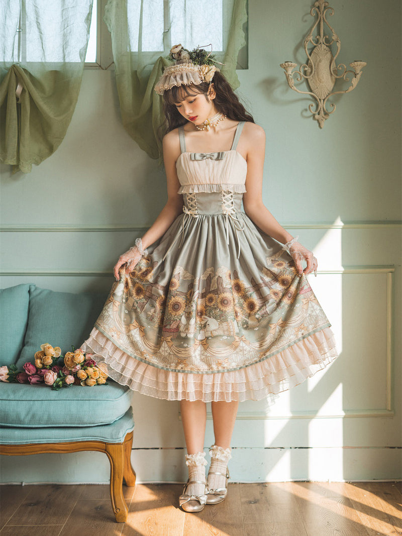 Garden sunflower jumper skirt and polka dot ruffle veil