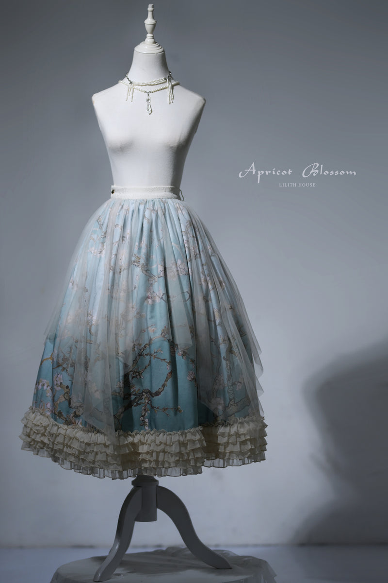 Flowering almond tree branch elegant skirt and bird gauge skirt and flowering almond tree branch braided top [scheduled to be shipped in late July - early August 2023]