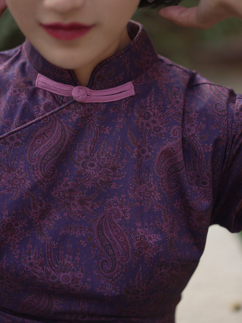 Chinese dress with flower pattern in real purple