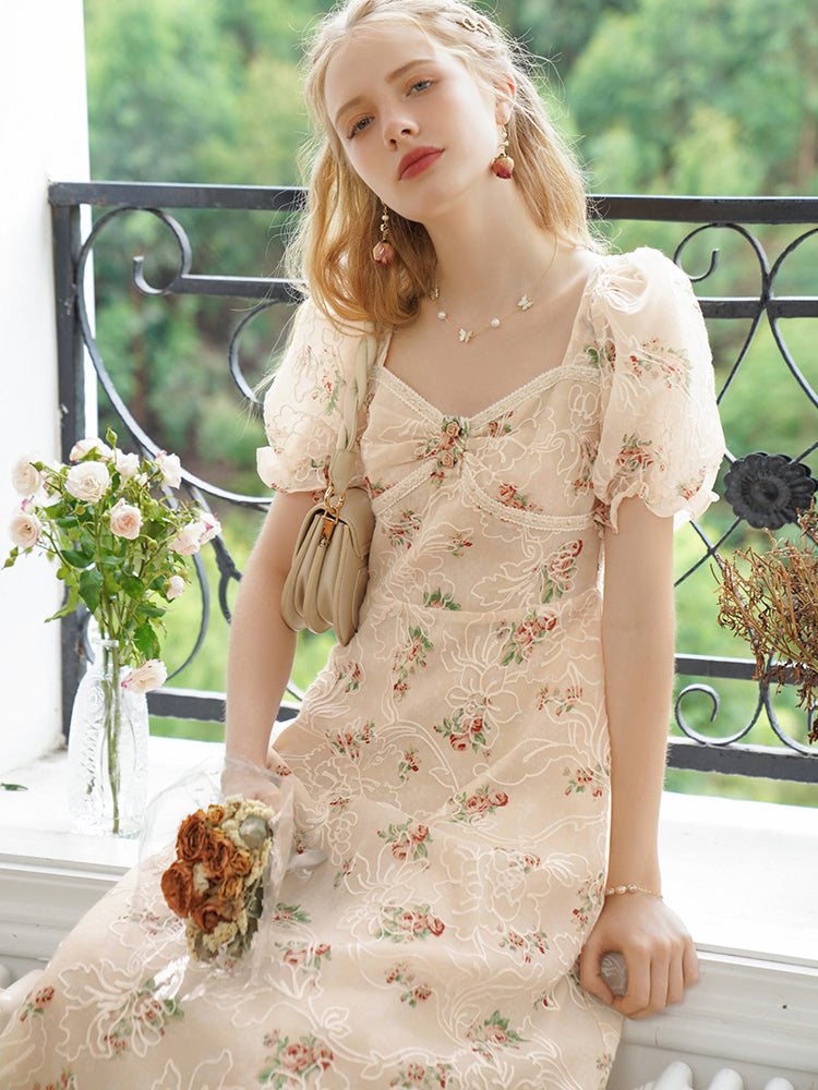 Embroidered red rose French dress 