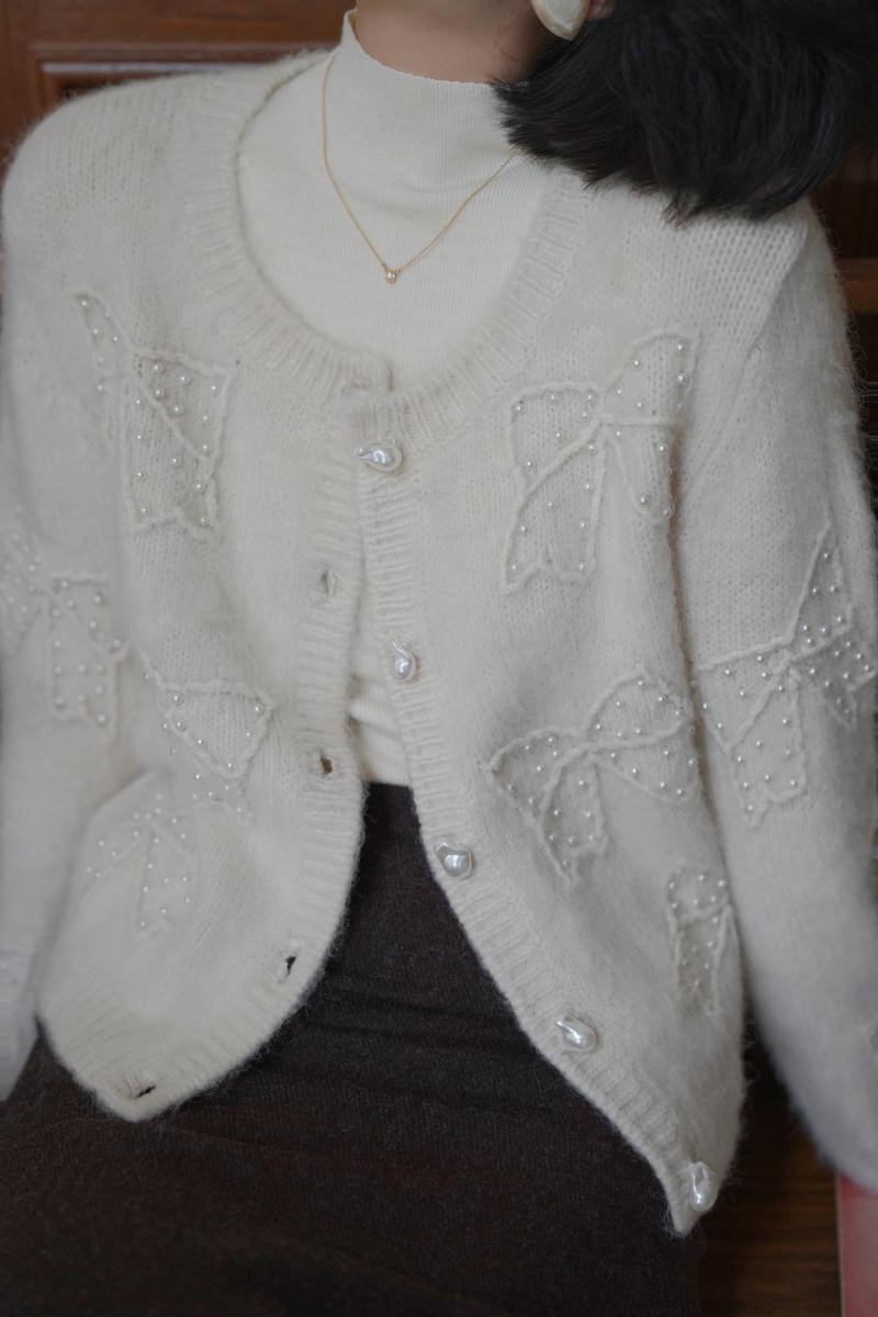 Embroidered mohair cardigan with bow