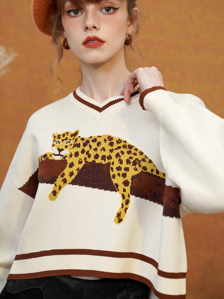 A leopard knit sweatshirt that stays on the tree